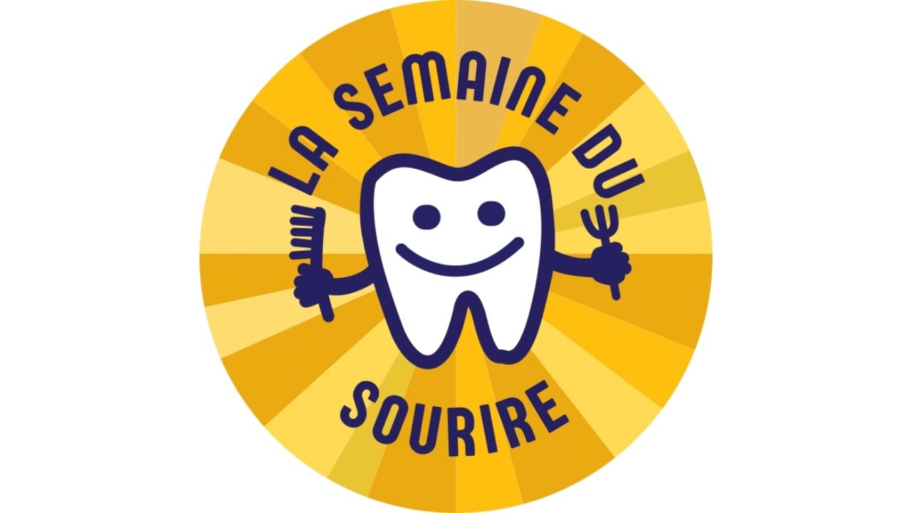 Logo de la semaine du sourire représentant une dent tenant une brosse à dents et une fourchette.