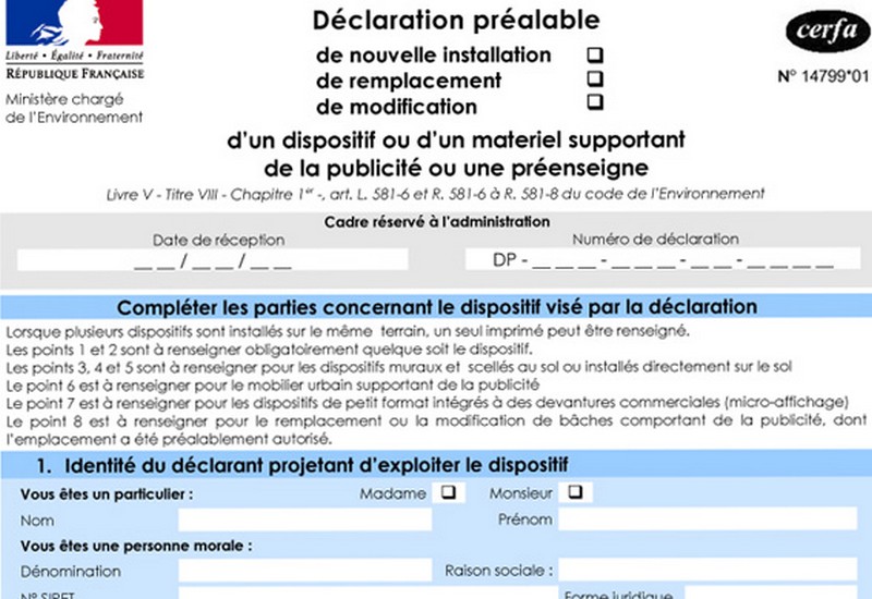 Formulaire Cerfa à remplir pour toute demande de modification ou de mise en place d'enseignes.