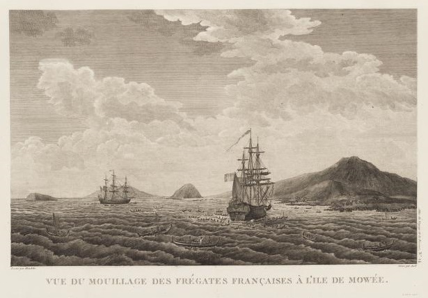 “Vue du mouillage des frégates françaises à l’île Mowée”