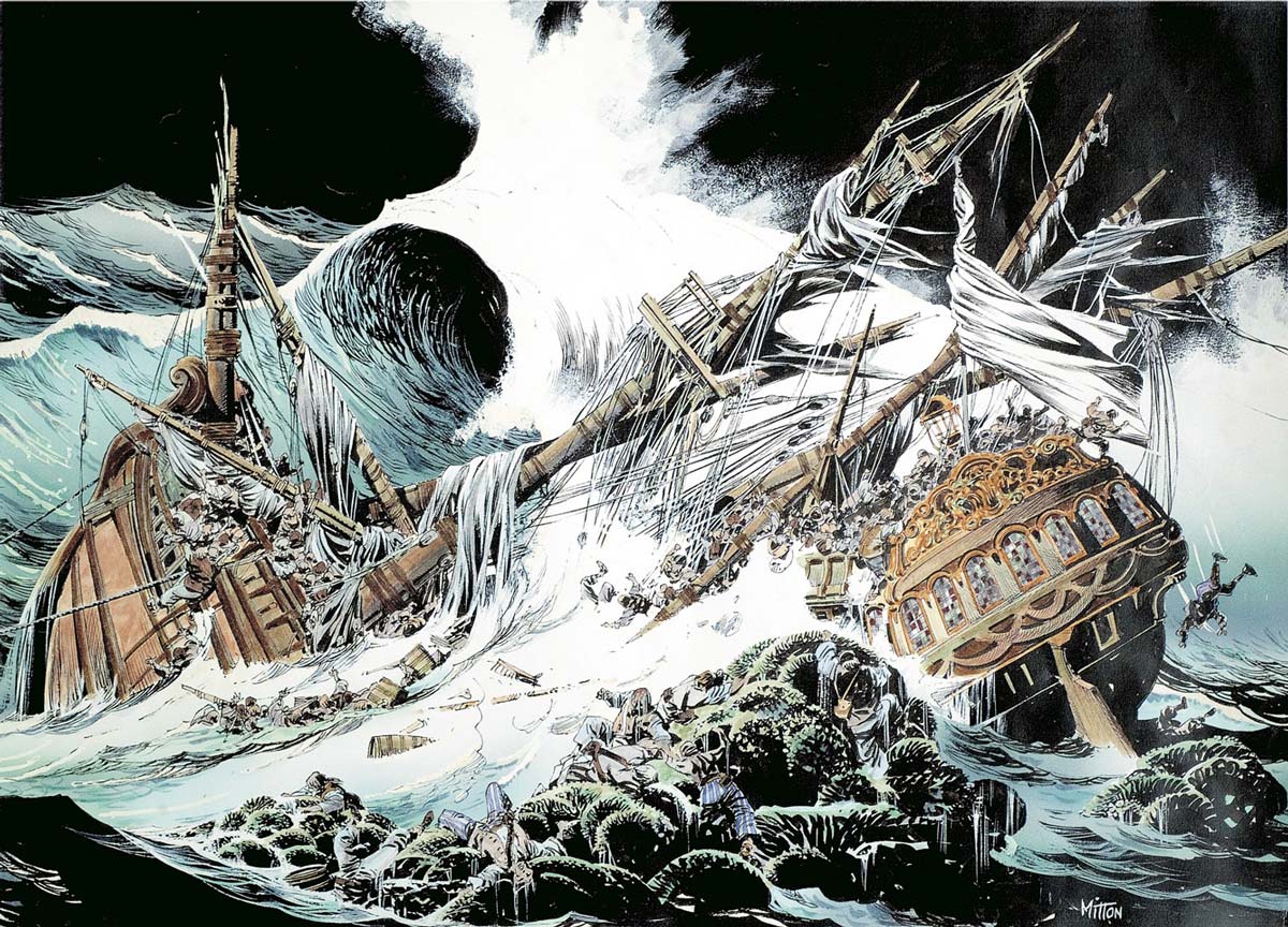 Naufrage de la Boussole à Vanikoro, dessin par Jean-Yves Mitton pour l’Association Salomon