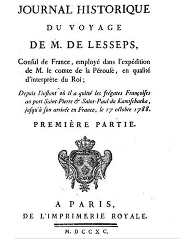 Page de couverture de l’ouvrage de Barthélemy de Lesseps, publié par l’Imprimerie royale à Paris en 1790.
