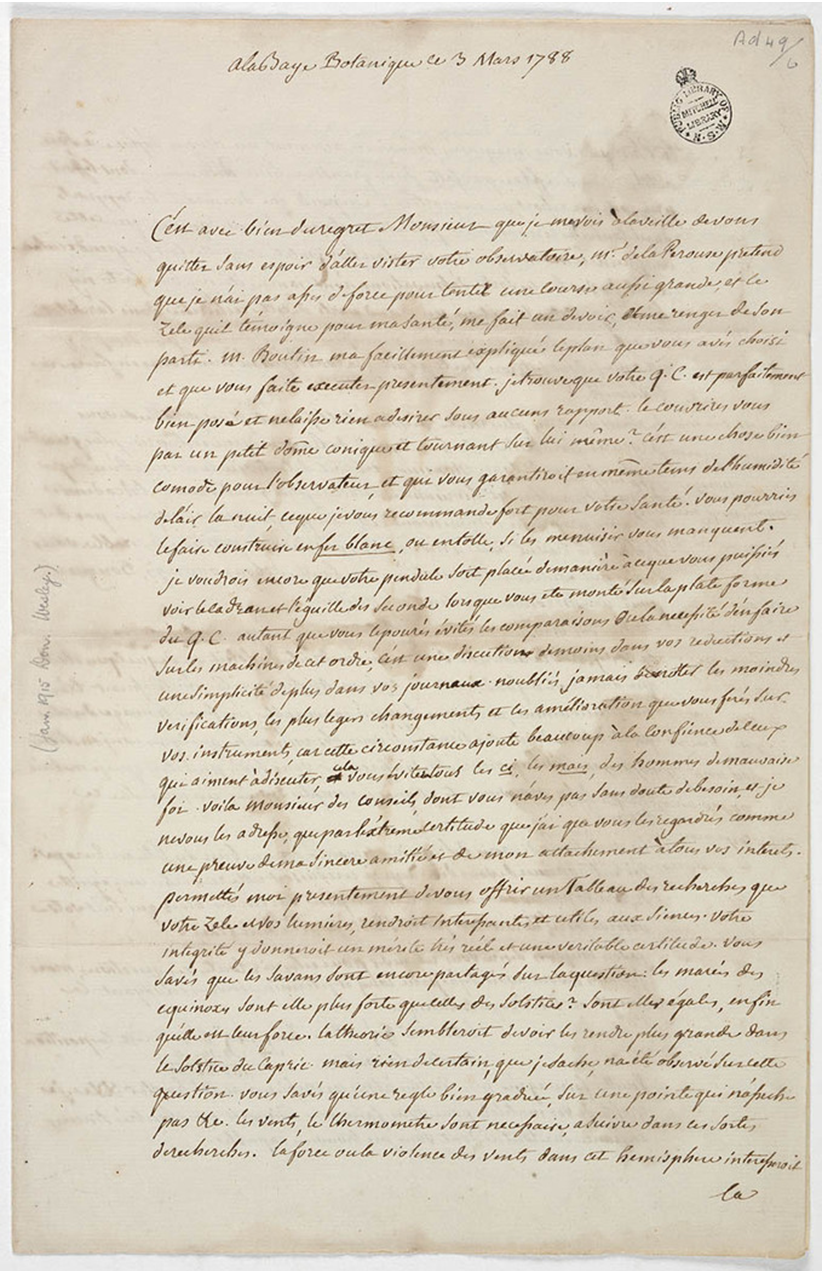 Lettre rapportée par les anglais du 3 mars 1788 de Lepaute Dagelet à l’astronome anglais Dawes. Source : State library of New South Wales.
